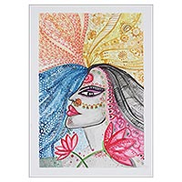 'Belleza carismática' - Retrato de acuarela indio firmado en papel hecho a mano