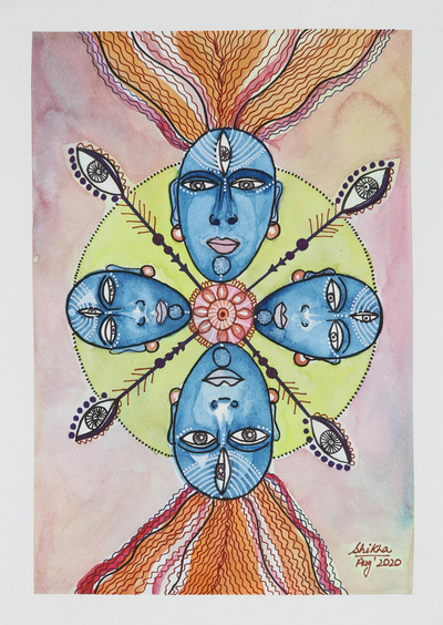 'Cuatro caras del amor' - Acuarela budismo pintura sobre papel hecho a mano
