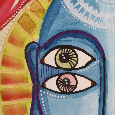 'Symbolism of Eyes' - Signed Portrait Watercolor Painting from India