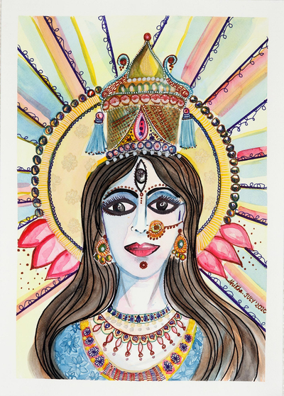 'Goddess Ganga' - Indian Goddess Painting on Handmade Paper