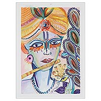 'Murlimanohar' - Signed Krishna Watercolor Painting on Handmade Paper