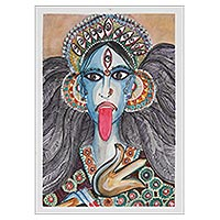 'Goddess Kali' - Pintura de acuarela firmada de la diosa Kali en papel hecho a mano