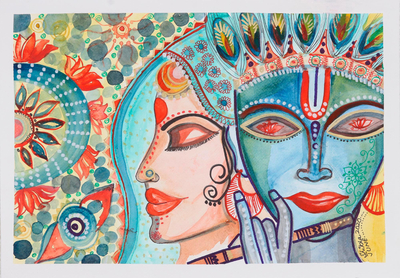 'Radha-Krishna' - Pintura de acuarela de Krishna y Radha sobre papel hecho a mano