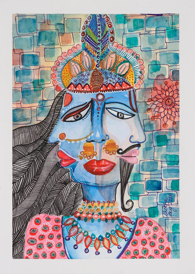 'Amorousness' - Signed Watercolor Painting on Handmade Paper from India