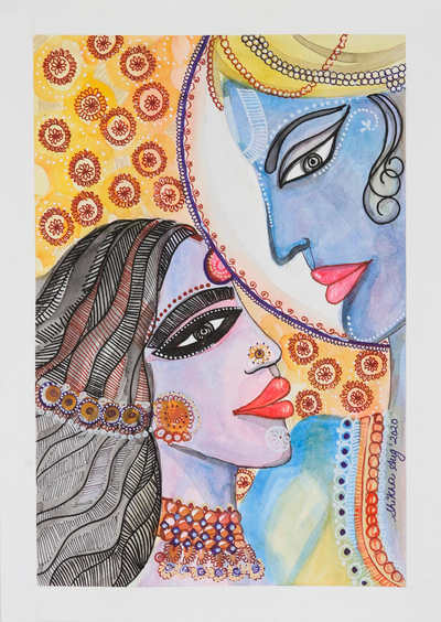 'Unión Eterna' - Pintura de acuarela de Rama y Sita sobre papel hecho a mano