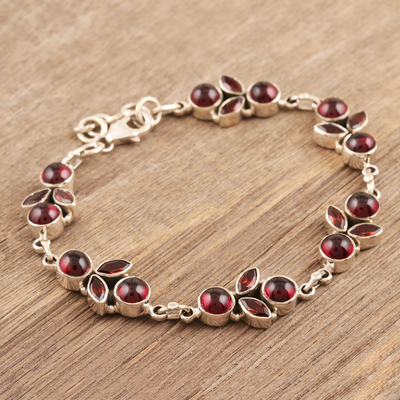 Natural garnet link bracelet, 'Cherries in the Snow' - Natural Garnet Sterling Silver Link Bracelet