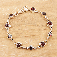 Garnet link bracelet, 'Geometry in Red' - Cabochon and Faceted Natural Garnet Link Bracelet