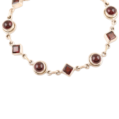 Garnet link bracelet, 'Geometry in Red' - Cabochon and Faceted Natural Garnet Link Bracelet