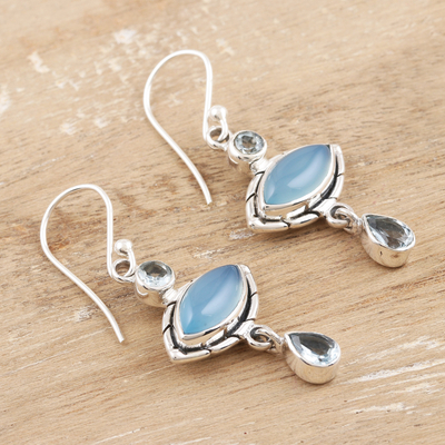 Blue topaz and chalcedony dangle earrings, 'Blue Fusion' - Chalcedony and Blue Topaz Sterling Silver Dangle Earrings