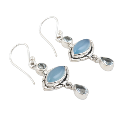 Blue topaz and chalcedony dangle earrings, 'Blue Fusion' - Chalcedony and Blue Topaz Sterling Silver Dangle Earrings