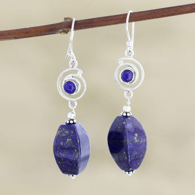 Lapis lazuli dangle earrings, 'Out to Lunch' - Lapis Lazuli and Sterling Silver Dangle Earrings from India