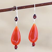Carnelian and garnet dangle earrings, 'Fan the Flame' - Handmade Carnelian and Garnet Dangle Earrings from India