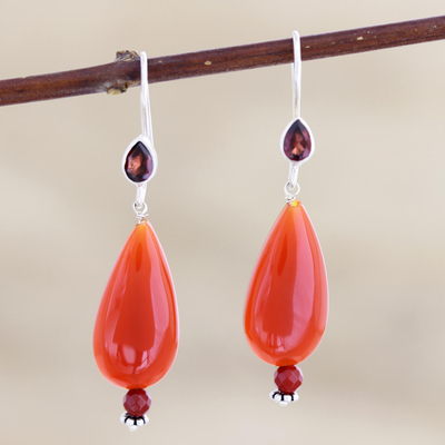 Carnelian and garnet dangle earrings, 'Fan the Flame' - Handmade Carnelian and Garnet Dangle Earrings from India