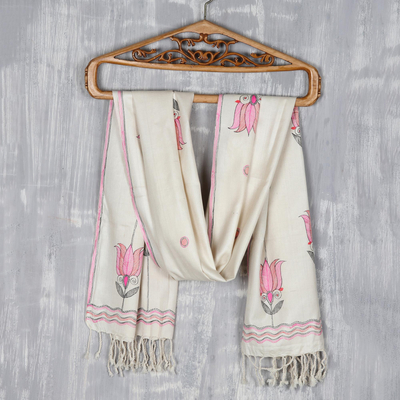 Hand painted silk scarf, 'Lotus Peace' - Hand Painted Lotus-Themed Silk Scarf from India