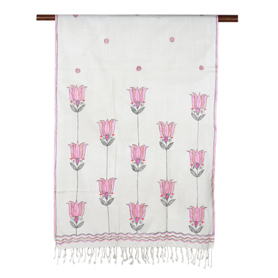 Hand painted silk scarf, 'Lotus Peace in Pink' - Hand Painted Lotus-Themed Silk Scarf from India