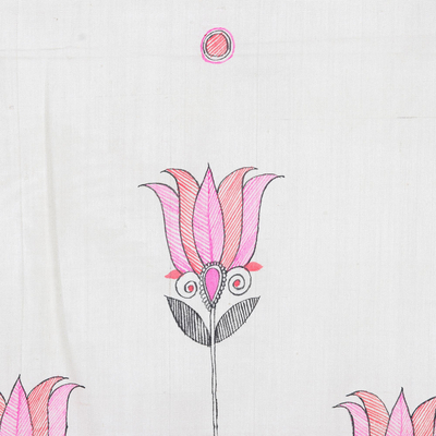 Hand painted silk scarf, 'Lotus Peace in Pink' - Hand Painted Lotus-Themed Silk Scarf from India