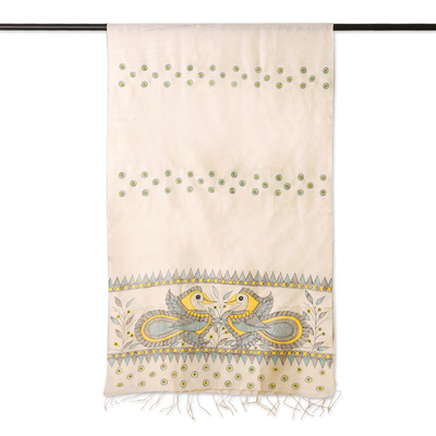 Pañuelo de seda pintado a mano - Pañuelo de seda con flecos de pavo real tejido a mano de la India