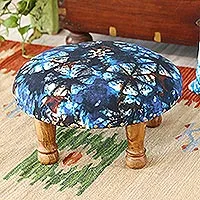 Upholstered ottoman foot stool, 'Flower Majesty' - TIe-Dyed Floral Ottoman with Wood Legs