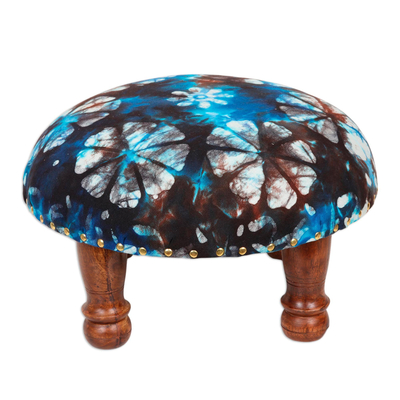 Upholstered ottoman foot stool, 'Flower Majesty' - TIe-Dyed Floral Ottoman with Wood Legs