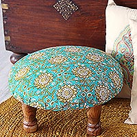 Upholstered ottoman foot stool, 'Mughal Architecture' - Floral Motif Ottoman with Wood Legs