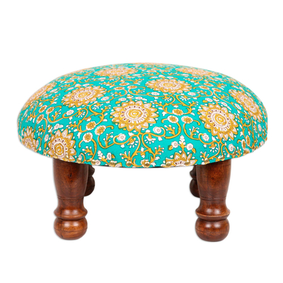 Upholstered ottoman foot stool, 'Mughal Architecture' - Floral Motif Ottoman with Wood Legs