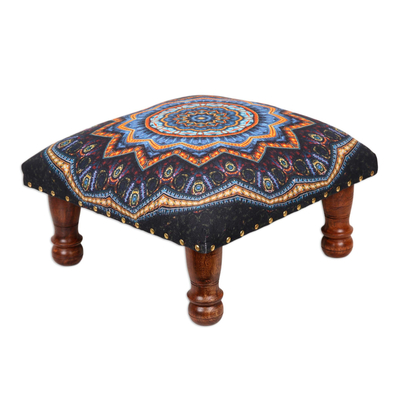 Upholstered ottoman foot stool, 'Floral Ignite' - Multicolored Mandala Motif Ottoman with Wood Legs