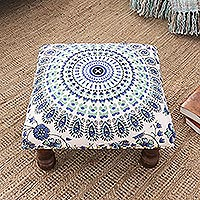 Upholstered ottoman foot stool, 'Grand Mandala in Blue' - Multicolored Mandala Motif Ottoman with Wood Legs