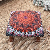 Upholstered ottoman foot stool, 'Heavenly Flower' - Multicolored Mandala Motif Ottoman with Wood Legs