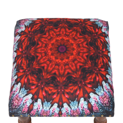 Upholstered ottoman foot stool, 'Heavenly Flower' - Multicolored Mandala Motif Ottoman with Wood Legs