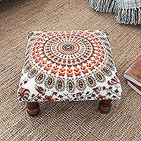 Upholstered ottoman foot stool, Mandala Grandeur in Orange