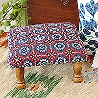Upholstered ottoman foot stool, 'Creative Beauty' - Multicolored Ottoman with Wood Legs