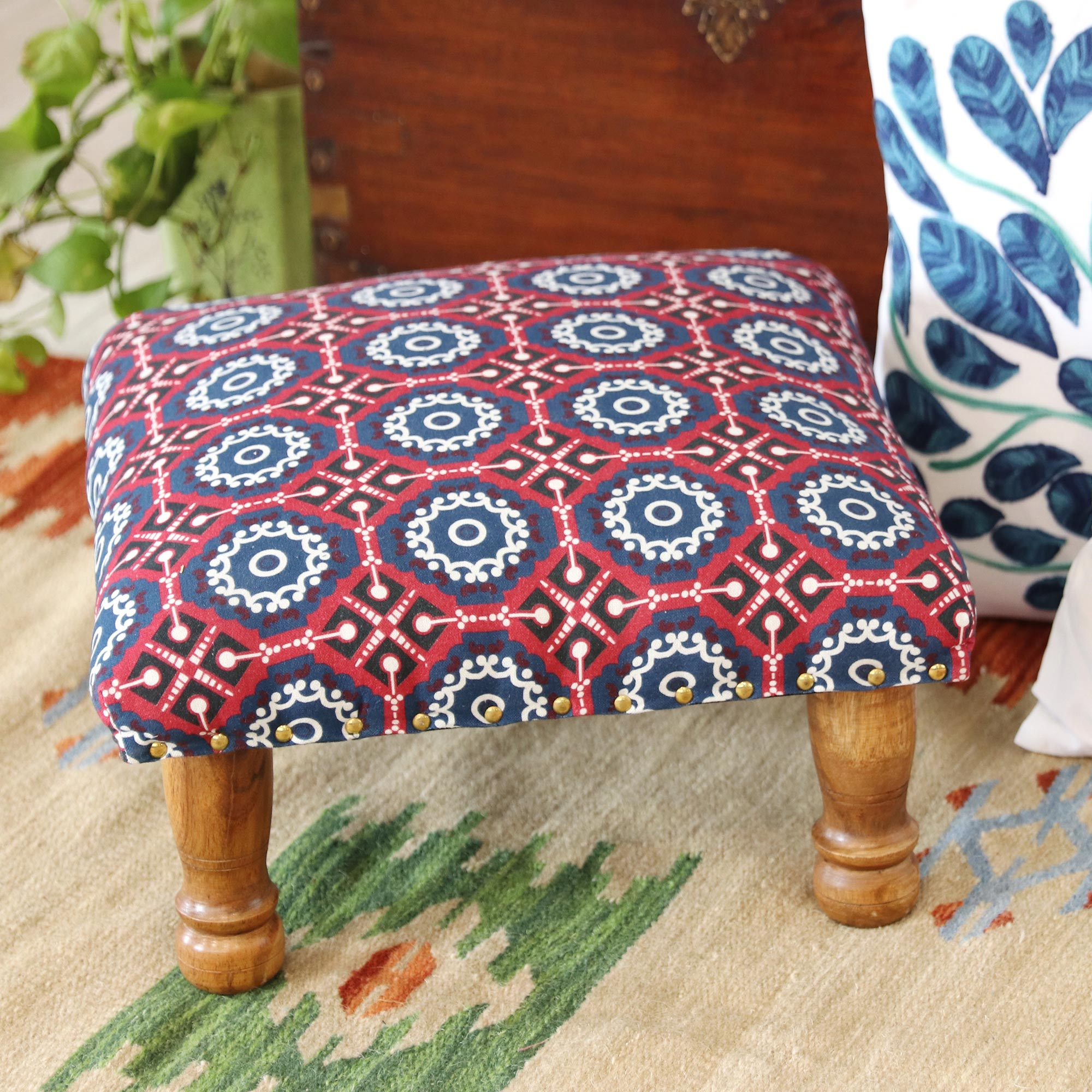 Multicolored Ottoman with Wood Legs - Creative Beauty