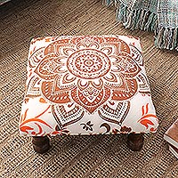 Upholstered ottoman foot stool, 'Floral Mandala in Orange' - Multicolored Mandala Motif Ottoman with Wood Legs