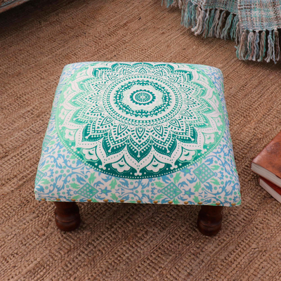 Upholstered ottoman foot stool, 'Green Magnificence' - Green Mandala Motif Ottoman with Wood Legs