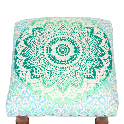 Upholstered ottoman foot stool, 'Green Magnificence' - Green Mandala Motif Ottoman with Wood Legs