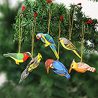 Wood ornaments, Festive Birds (set of 6)