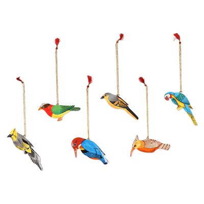 Wood ornaments, 'Festive Birds' (set of 6) - Hand-Painted Assorted Bird Ornaments (Set of 6)
