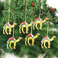 Wood ornaments, 'Christmas Camels' (set of 6) - Artisan Crafted Wood Camel Ornaments (Set of 6)