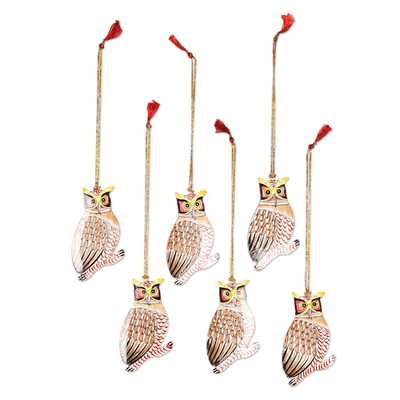 Wood ornaments, 'Owl Be Home for Christmas' (set of 6) - Unique Owl Ornaments from India (Set of 6)