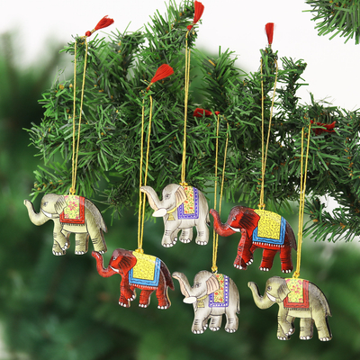 Holzornamente, (6er-Set) - Elefanten-Ornamente aus bemaltem Holz (6er-Set)