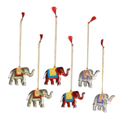 Wood ornaments, 'Festive Elephants' (set of 6) - Painted Wood Elephant Ornaments (Set of 6)
