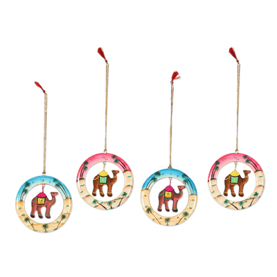 Wood ornaments, 'Ring of Camels' (set of 4) - Handcrafted Wood Camel Ornaments Set of 4