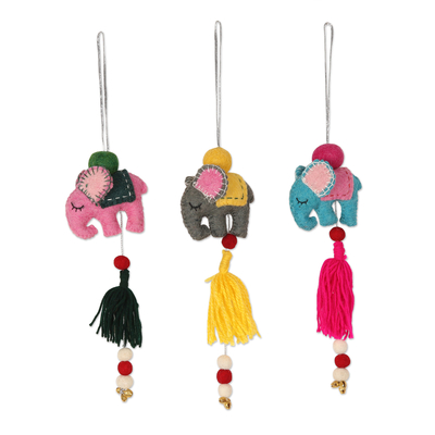 Wool felt ornaments, 'Entertaining Elephants' (set of 3) - Set of 3 Wool Felt Elephant Ornaments