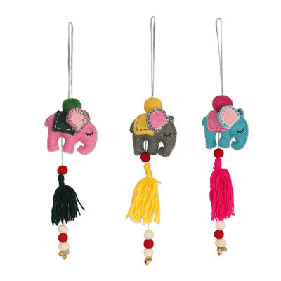 Wool felt ornaments, 'Entertaining Elephants' (set of 3) - Set of 3 Wool Felt Elephant Ornaments