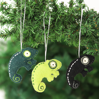 Wool felt ornaments, 'Lizard Tales' (set of 3) - Set of 3 Wool Felt Lizard Ornaments