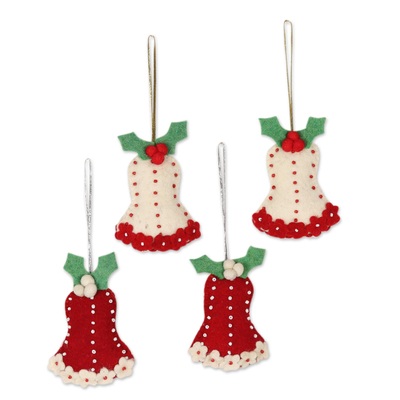 Wool felt ornaments, 'Holly Bells' (set of 4) - Wool Felt Bell Ornaments Set of 4