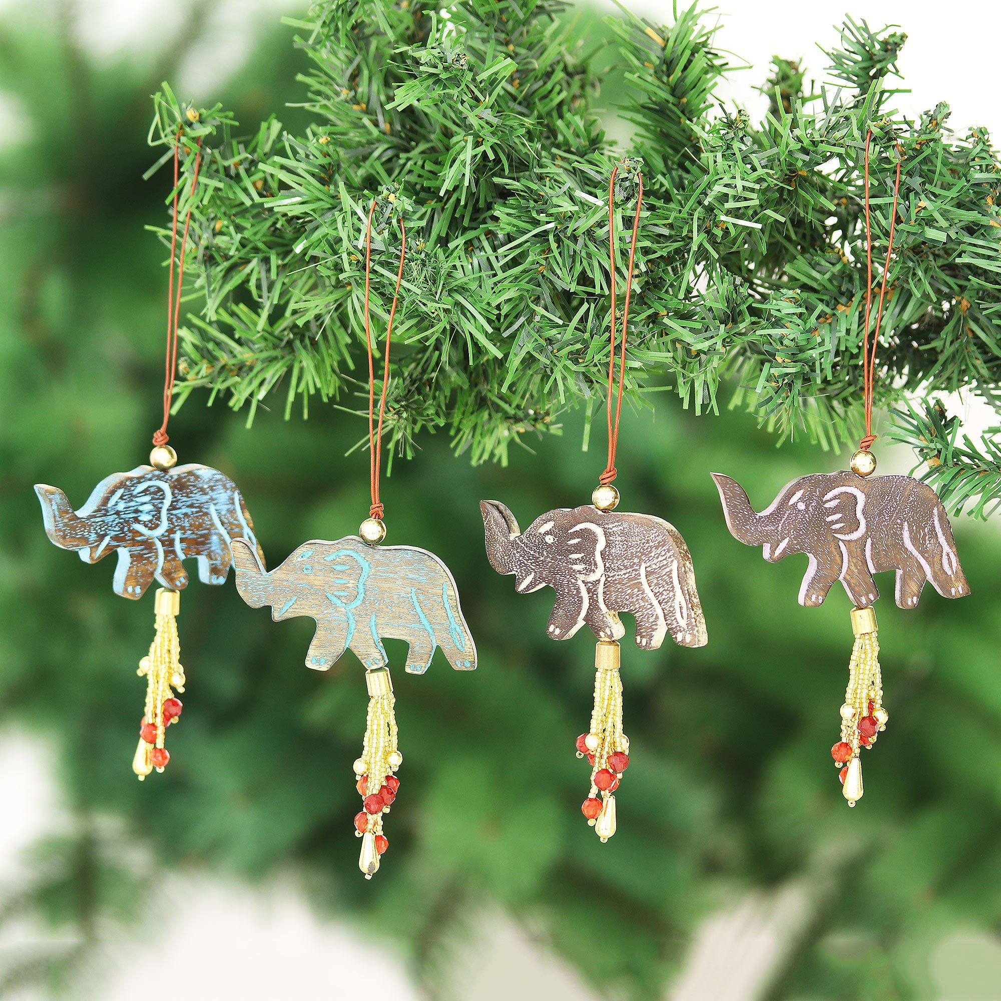 4 Mango Wood Elephant Ornaments with Beaded Tassels Elephant
