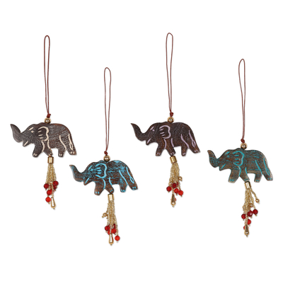 4 Mango Wood Elephant Ornaments with Beaded Tassels