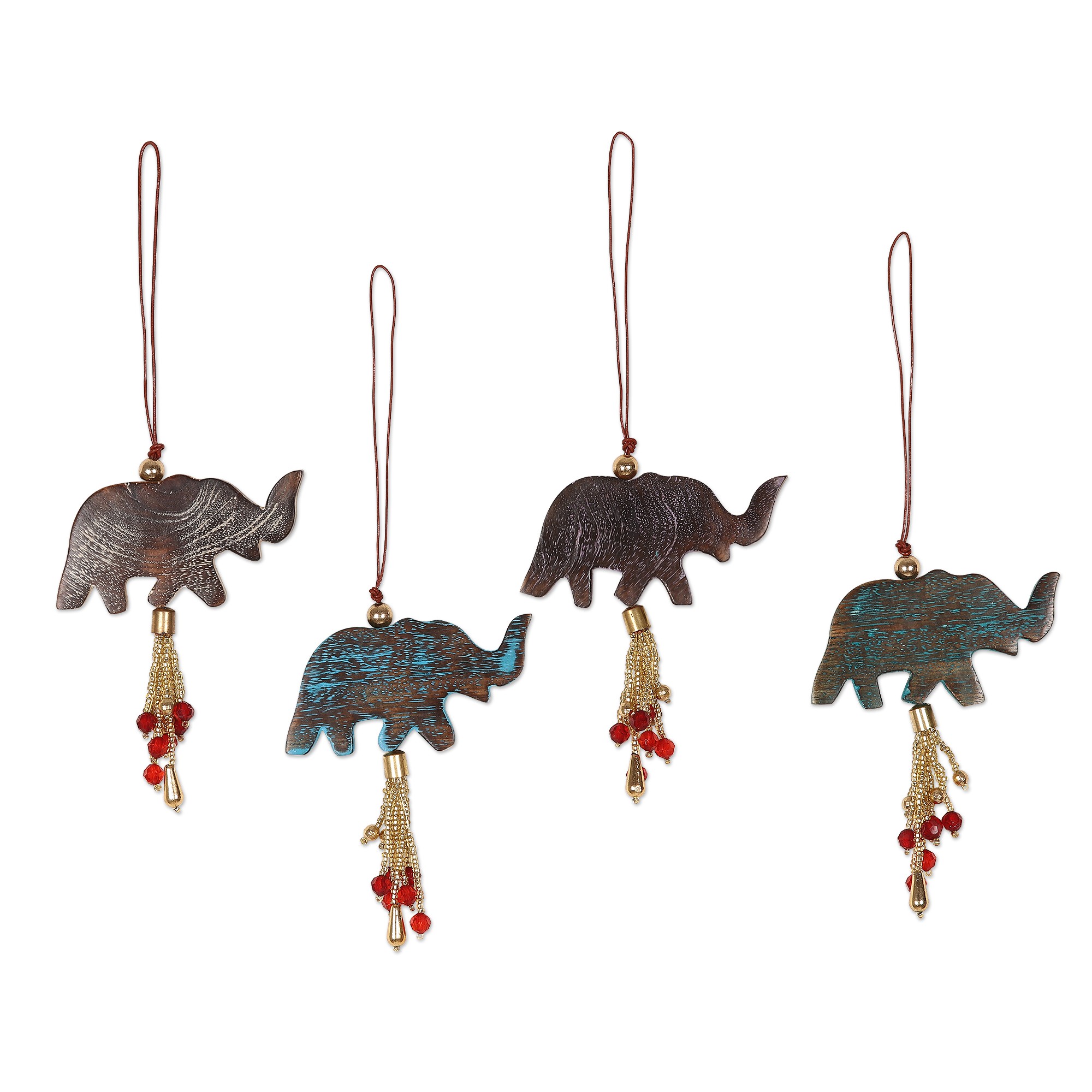 4 Mango Wood Elephant Ornaments with Beaded Tassels Elephant