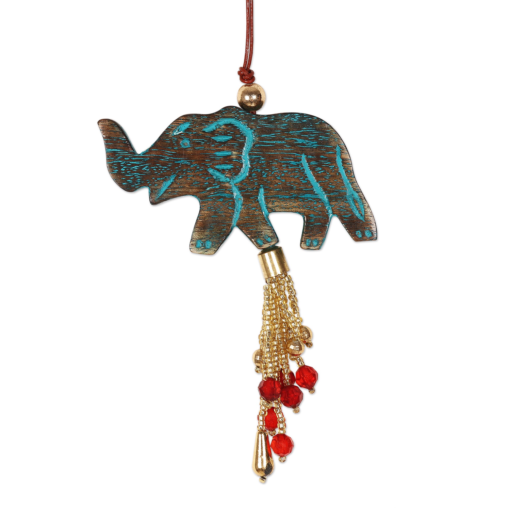 4 Mango Wood Elephant Ornaments with Beaded Tassels Elephant